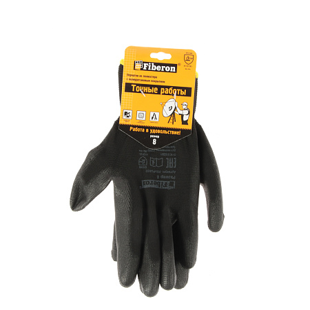 Перчатки рабочие полиэстер, с полиуретановым обливом, Черные, р-р 8(M) PR-PU052 "Fiberon"  *12/120