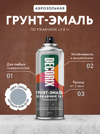 Грунт-аэрозоль по ржавчине 3 в1 серый глянцевый 520/200 мл DECORIX (А22) *1/12