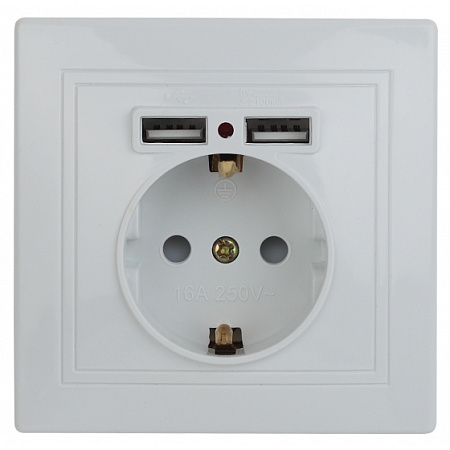Розетка "Intro Plano" СП 1-мест. белый с/з, з/ш 2*USB 16А-250В IP20 2P+E Schuko  *10/100