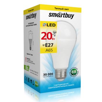 Лампа светодиодная 20W Е27 груша 3К теплый A60 Smartbuy *10/100
