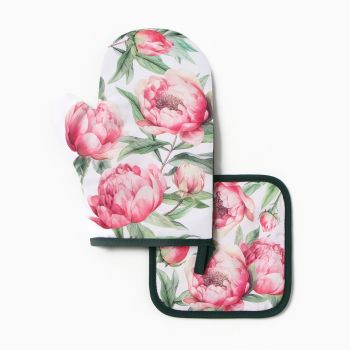 Набор прихваток Пионы варежка-прихватка 27х20см, прихватка 17х17см 100% полиэстер Доляна *1