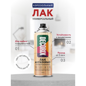 Лак-аэрозоль акриловый бесцветный глянцевый  520/200 мл DECORIX (A32) *1/12