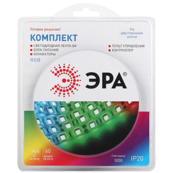 Лента светодиодная 5м RGB 14,4Вт/м IP20 5050kit блок/пит Б0043067  ЭРА *1/50