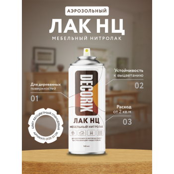 Лак-аэрозоль бесцветный глянцевый  520/200 мл НЦ мебельный нитролак DECORIX (A32) *1/12