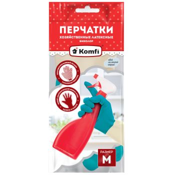 Перчатки латексные Удлиненные "БИКОЛОР" Бежевый/Бирюзовый M(средний)1пара BICOLO6 "Komfi" *12/144