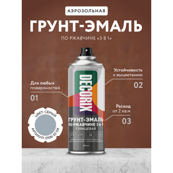 Грунт-аэрозоль по ржавчине 3 в1 серый глянцевый 520/200 мл DECORIX (А22) *1/12