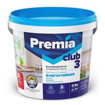 Краска акриловая для стен и потолков 0,9 л PREMIA CLUB 3 влагостойкая*1/12/336