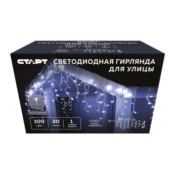 Гирлянда Бахрома 3*0,7м 100LED теплый белый Статичное свечение IP45 белый провод 220V 143   *1/50