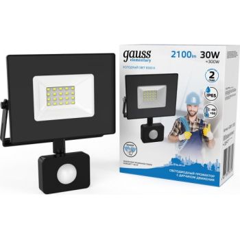 Прожектор светодиодный 30Вт 6,5K IP65 2100lm черный с датч.движ. 175-265V Gauss Elementary-S *1/20