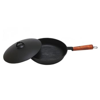 Сковорода чугунная d24см, выс. 5см "Гриль" Дерев.ручка, Мет.кр. (Г-240/50-1-КАлД) арт.744*1/3