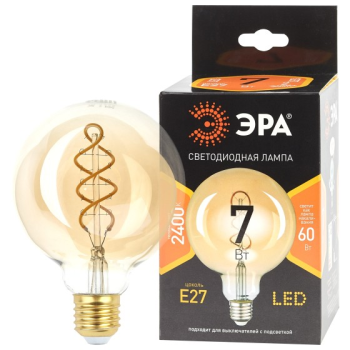 Лампа светодиодная филамент 7W Е27 шар 2,4К теплый ЭРА G95-7W-824-E27 spiral gold *20/420