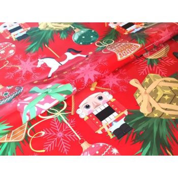 Клеёнка на тканевой основе "Глянец" "Ёлочн.игрушки,подарки" красн. шир.1,37м GW-21766"Great Way" *20