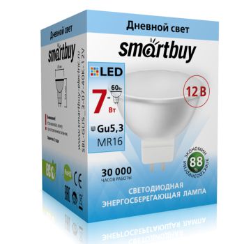 Лампа светодиодная 7W GU5,3 рефлектор 4К нейтральный 12V MR16 Smartbuy *10/100