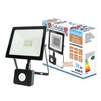 Прожектор светодиодный 30Вт 6,5К IP65 черный д/движ. Народный SQ0336-0203  *1/24