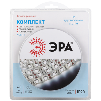 Лента светодиодная 5м 6,5К 4,8Вт/м IP20 2835kit блок/пит Б0043061  ЭРА *1/50