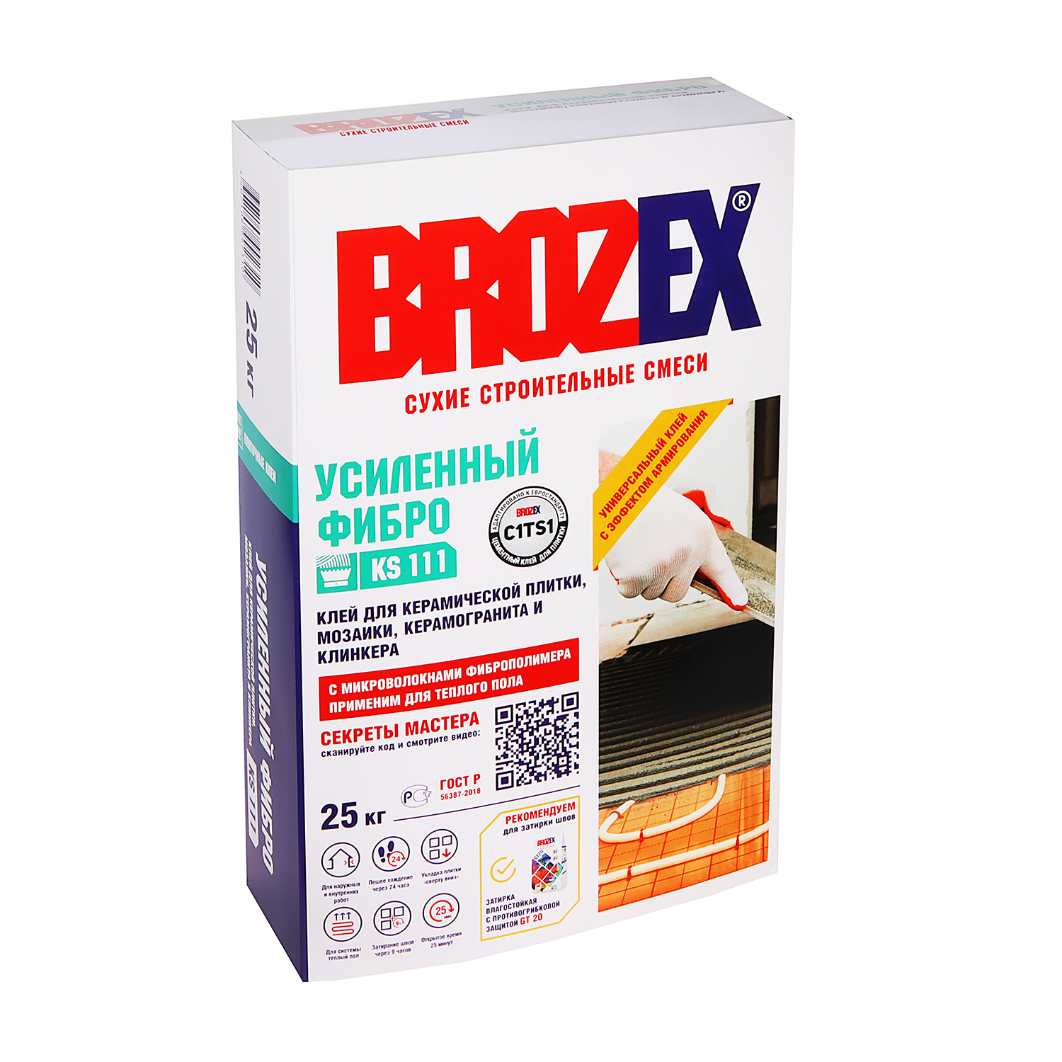 Клей для плитки BROZEX Усиленный Фибро KS 111, С1 Т S1, 25 кг
