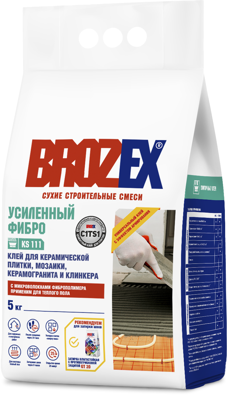 Клей для плитки KS 111 Усиленный ФИБРО 5 кг BROZEX *5/150 вместо СА46