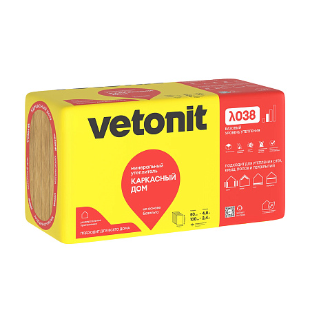 Теплоизоляция "VETONIT"  Каркасный дом 100х600х1000 (30кг/м3 Базальт 4 мата 2,4м2/0.24м3) *1/12