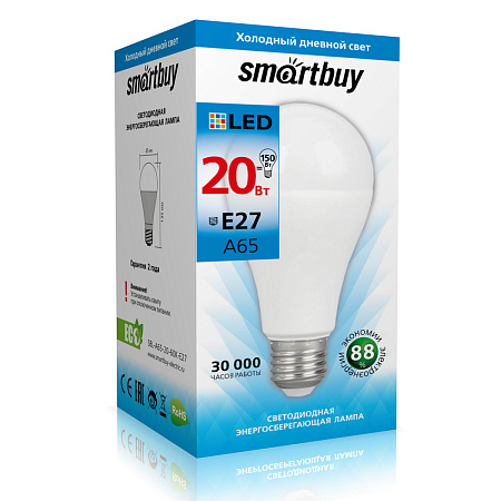 Лампа светодиодная 20W Е27 груша 4К нейтральный A65 Smartbuy *10/100