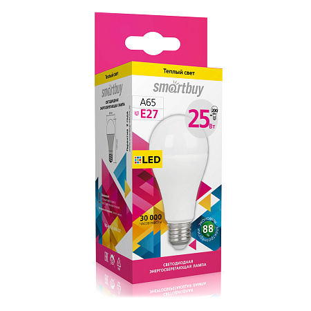 Лампа светодиодная 25W Е27 груша 3К теплый A65 Smartbuy *10/100