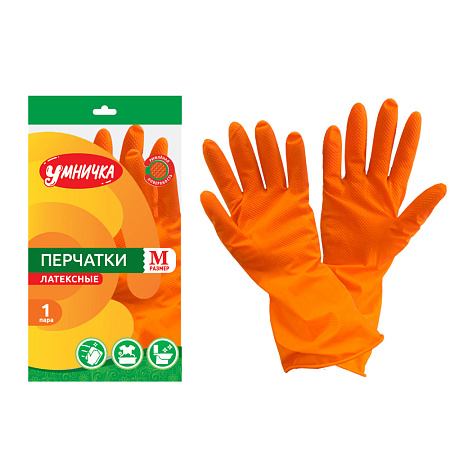 Перчатки латексные Оранжевые 1пара р-р  "M" MPU-M "Умничка" *12/240
