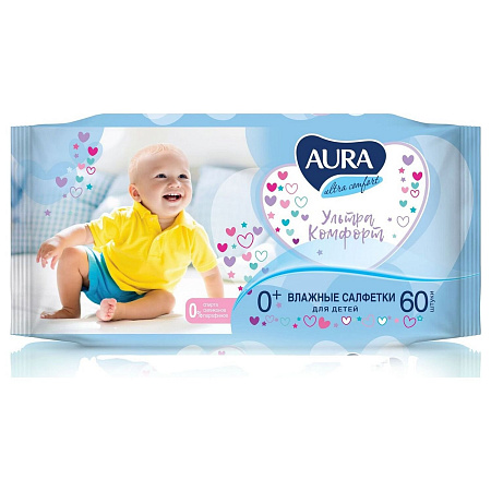 Салфетки влажные детские 60шт Ультра Комфорт (арт.09749) Aura *24
