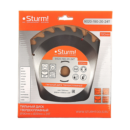 Диск пильный 190*20,0мм 24 зубьев по дереву (9020-190-20-24T) Sturm *1/40