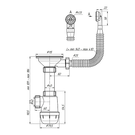 Сифон бутылочный 3 1/2"*40 с гибким переливом мойки  АНИ ГРОТ  А0145S  *1/10