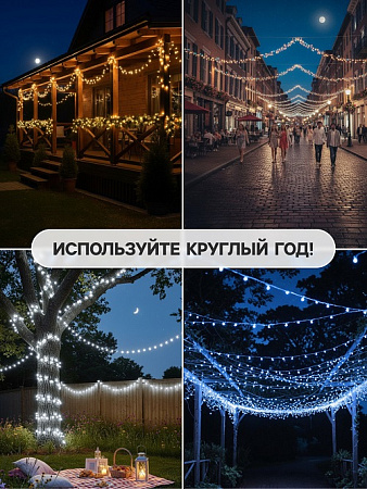 Гирлянда Нить 20м 200LED теплый белый 8 режимов белая нить уличная 220V IP44 3584145  *1/36