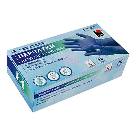 Перчатки латексные прочные Удлиненные Синие 50шт в коробке р-р "L" HR03G  "А.Д.М." *1/10