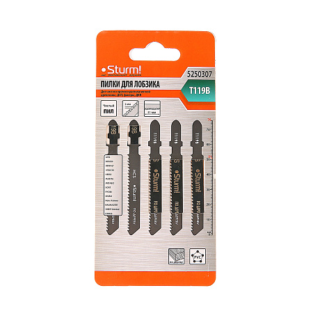 Пилки для лобзика по дереву  92мм шаг1,9-2,3мм прямой чистый рез (5шт) Т119B арт.5250307 STURM*10/50
