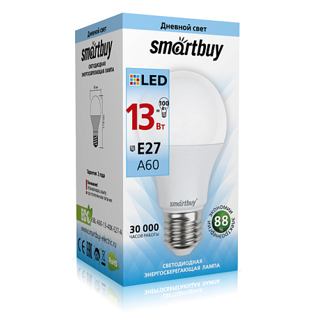 Лампа светодиодная 13W Е27 груша 4К нейтральный A60 Smartbuy *10/100