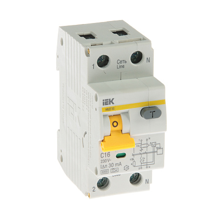 Авт.выкл. диф.тока IEK 16А 2мод С 1п+N тип А 30мА 6kA АВДТ-32 ИЭК MAD22-5-016-C-030   *1/6