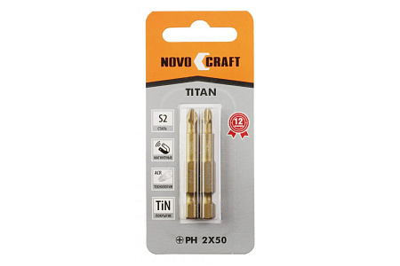 Бита крестовая PH2х 50мм (2шт) магнитная S2 TiN хвостовик1/4"Е TITAN NovoCRAFT *1/25