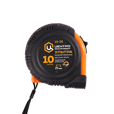 Рулетка 10м х25мм резино-пластик.корпус стальная лента фиксатор магнит арт.Ультра10М-25ММ ЦИ*1/12/48
