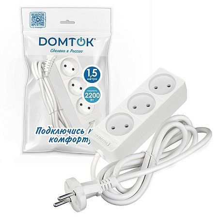 Удлинитель 3 розетки 1,5м б/з ПВС 2*0,75мм2 10А мощ.нагр 2200Вт DOMTOK 2370 *1/45