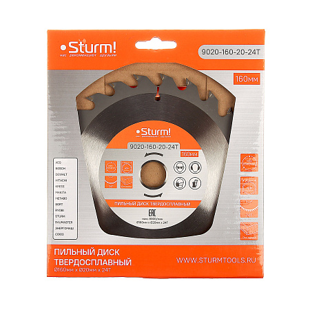 Диск пильный 160*20,0мм 24 зубьев по дереву (9020-160х20х24Т) Sturm *1/50