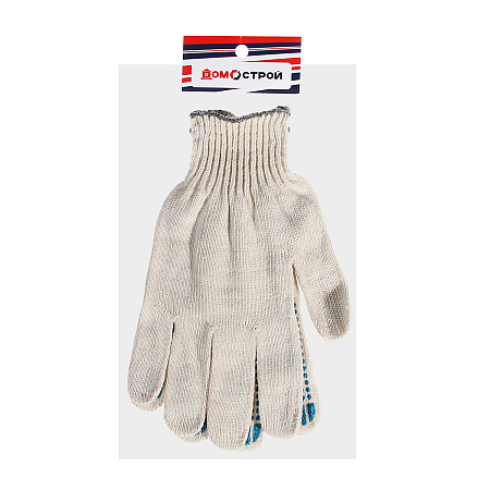 Перчатки ХБ с ПВХ точ 10кл (4 нити) 39гр белые с логотипом ДОМОСТРОЙ  *10/250/300