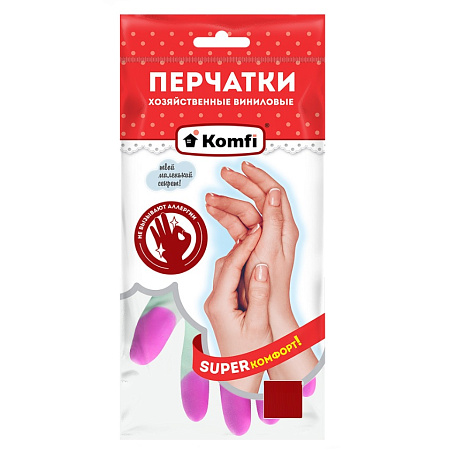 Перчатки виниловые прочные "Цветные пальчики"  S (малый) 1пара Белые PVHCLR1 "Komfi" *1/72/144