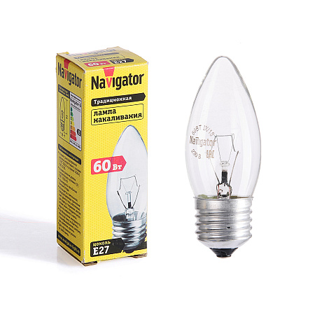 Лампа накаливания 60W Е27 свеча прозрачная Navigator 94329 *10/100