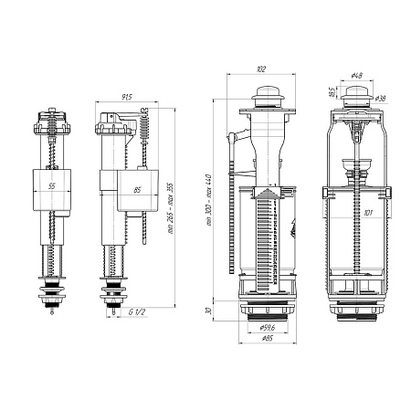 Арматура бачка (КОМПЛЕКТ) кнопка/белая, боковая,  АНИ WС8010   *1/20