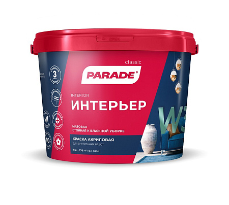 Краска акриловая для стен и потолков 9л PARADE W3 ИНТЕРЬЕР влагостойкая матовая  *1/44