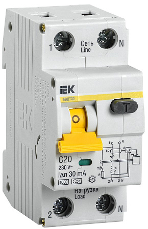 Авт.выкл. диф.тока IEK 20А 2мод С 1п+N тип А 30мА 6кА АВДТ-32 ИЭК MAD22-5-020-C-30   *1/6