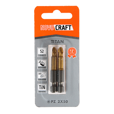 Бита крестовая PZ2х50мм (2 шт) магнитная S2TiN хвостовик1/4"Е TITAN (В43-21-0502TG) NovoCRAFT *1/25