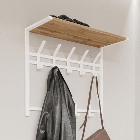 Вешалка настенная с полкой "Торонто 22Д" 2-х ярусная 670х270х545мм 9кр.с Дер. Белая ВСПТ22Д Б"ЗМИ"*1