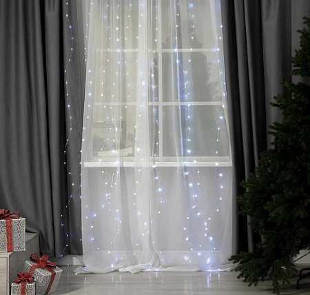 Гирлянда Занавес 3,0м*2,8м 300LED белый 8 реж Роса серебр.нить на крючках с ПДУ USB IP20 *1/100