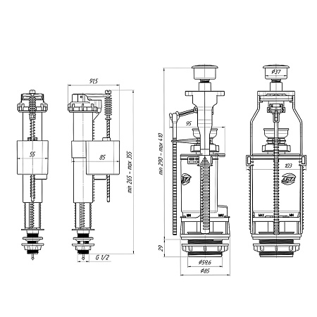 Арматура бачка (КОМПЛЕКТ) кнопка/хром, нижняя, АНИ  WС8510С  *1/20