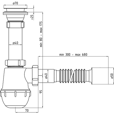 Сифон бутылочный 1 1/2"*40 с гибкой трубой 40x40/50  АНИ ГРОТ А0115  *1/25