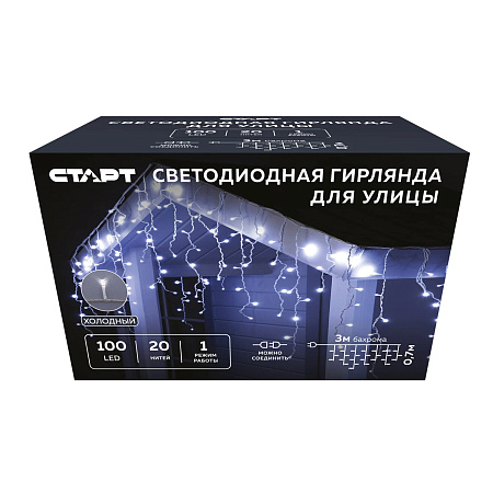 Гирлянда Бахрома 3*0,7м 100LED теплый белый Статичное свечение IP45 белый провод 220V 143   *1/50