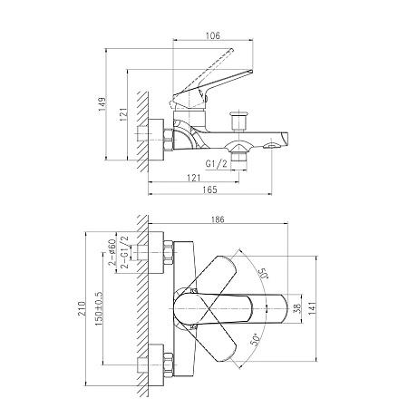 Смеситель д/ванны Cersanit FLAVIS + душ. лейка, шланг, держатель д/лейки 64509 *1
